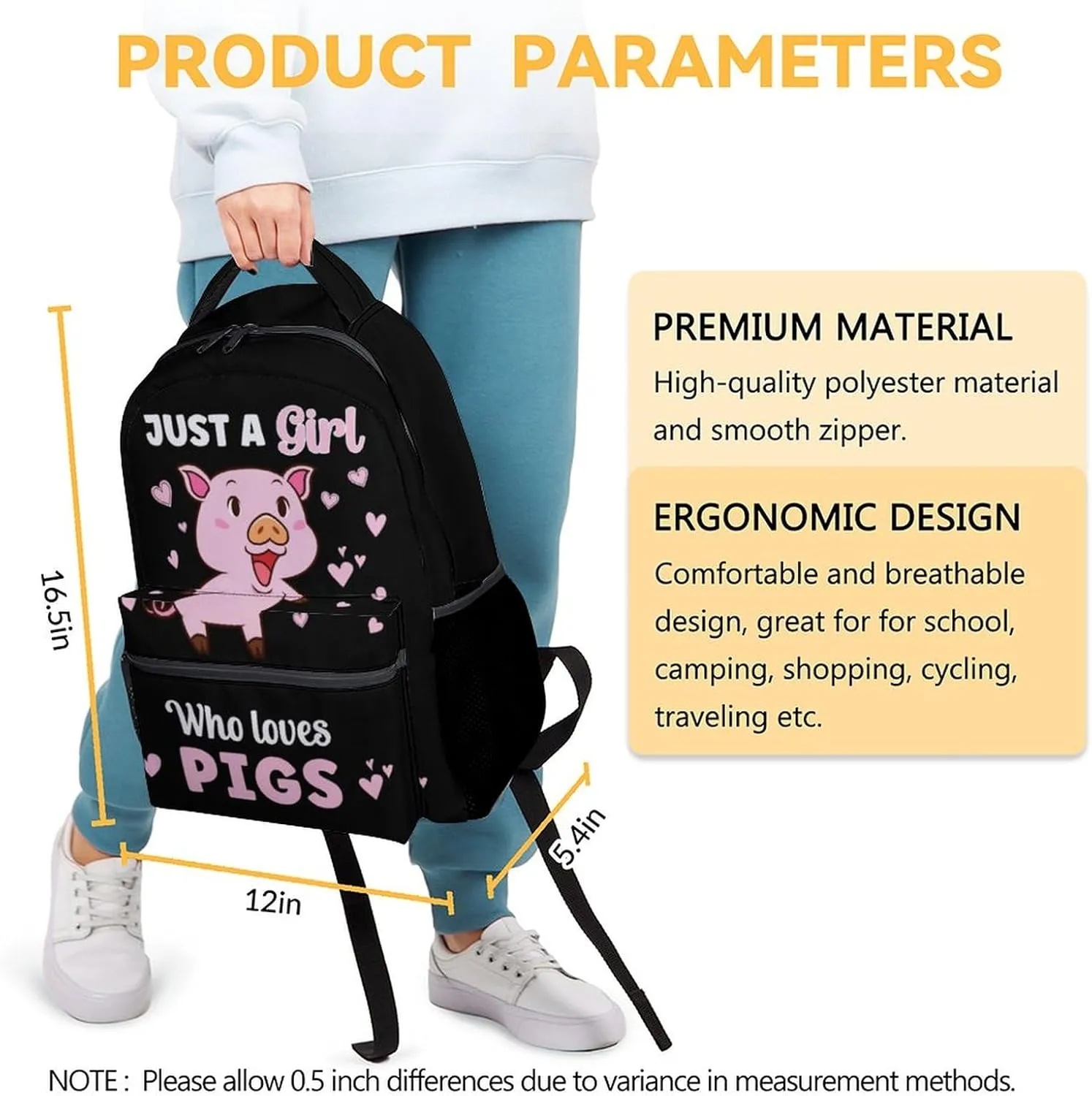Mercuryelf Pig Backpack for Girls, 16 Inch Black Just a Girl Who Loves Pigs Backpacks for School, Cute Iightweight Bookbag for Kids