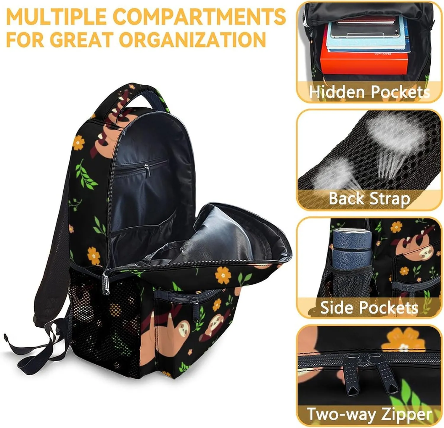 Mercuryelf Sloth Backpack for Girls Boys, 16 Inch Black Backpacks for School Travel, Cute Lightweight Bookbag for Kids