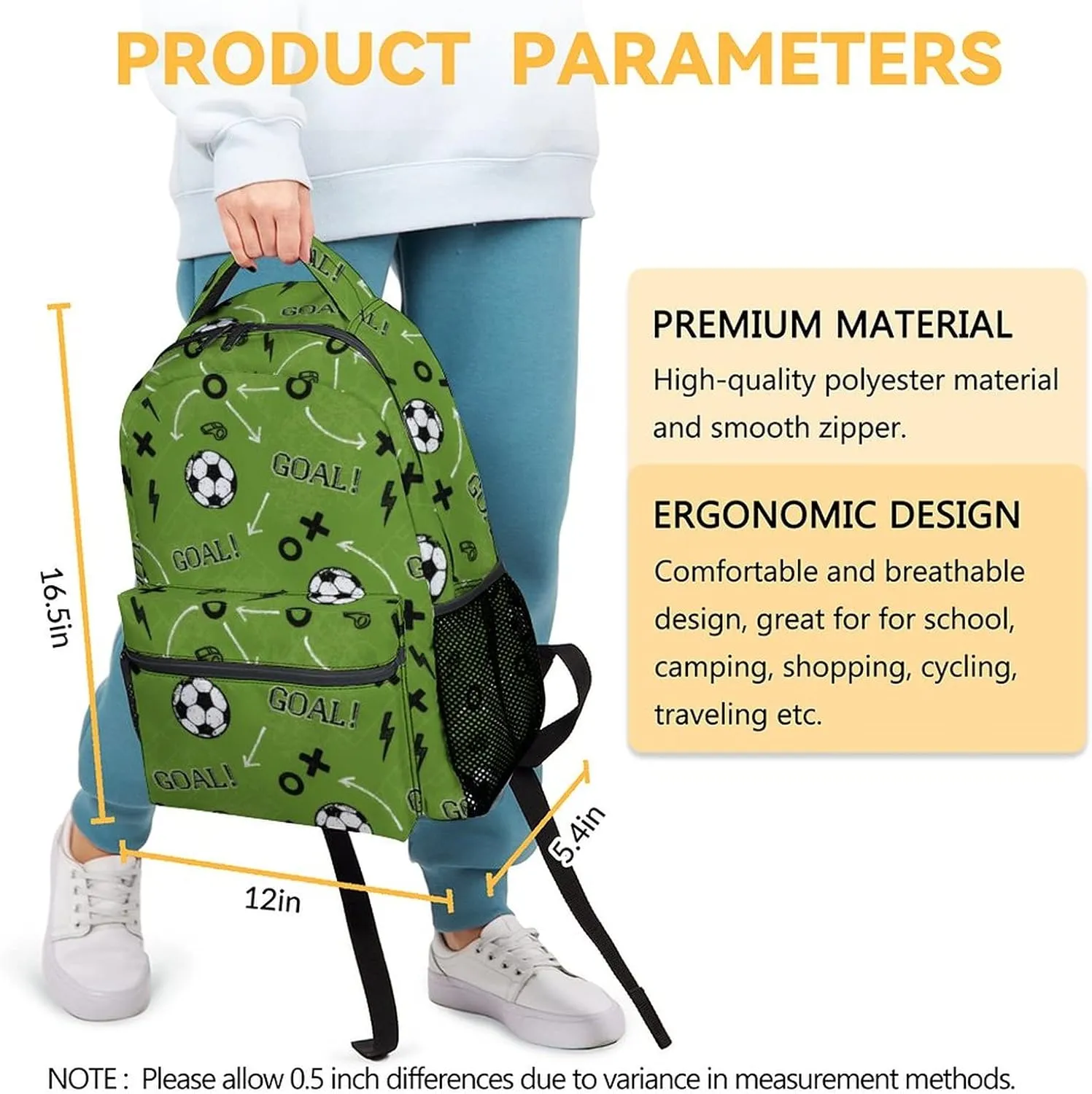Mercuryelf Soccer Backpack for Boys Girls, 16 Inch Green Backpacks for School Travel, Fashion Lightweight Bookbag for Kids