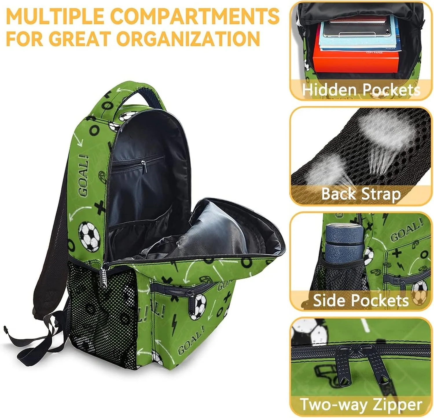 Mercuryelf Soccer Backpack for Boys Girls, 16 Inch Green Backpacks for School Travel, Fashion Lightweight Bookbag for Kids