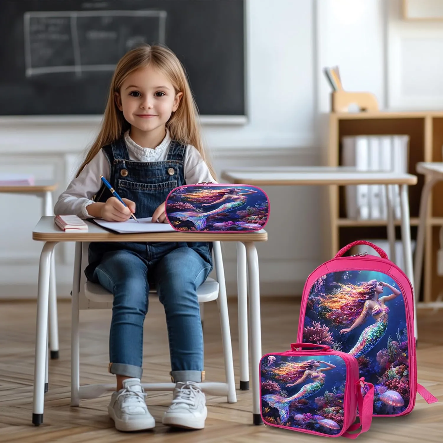 Mermaid Backpack 3 PCS Set for Girls Teens, Fantasy Ocean School Bag with Lunch Box Pencil Case, Lightweight Bookbag Perfect for Elementary Middle High School Students