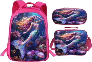 Mermaid Backpack 3 PCS Set for Girls Teens, Fantasy Ocean School Bag with Lunch Box Pencil Case, Lightweight Bookbag Perfect for Elementary Middle High School Students