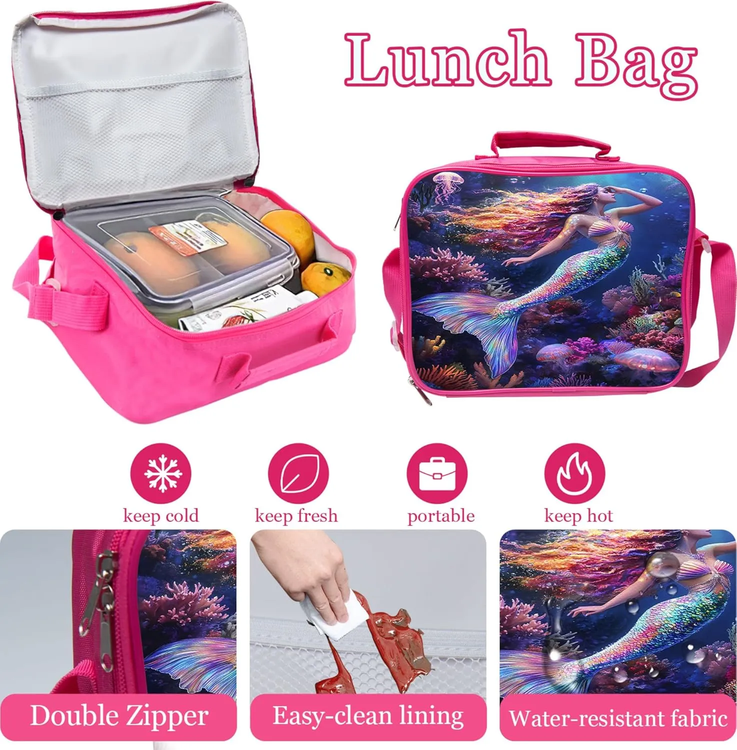Mermaid Backpack 3 PCS Set for Girls Teens, Fantasy Ocean School Bag with Lunch Box Pencil Case, Lightweight Bookbag Perfect for Elementary Middle High School Students
