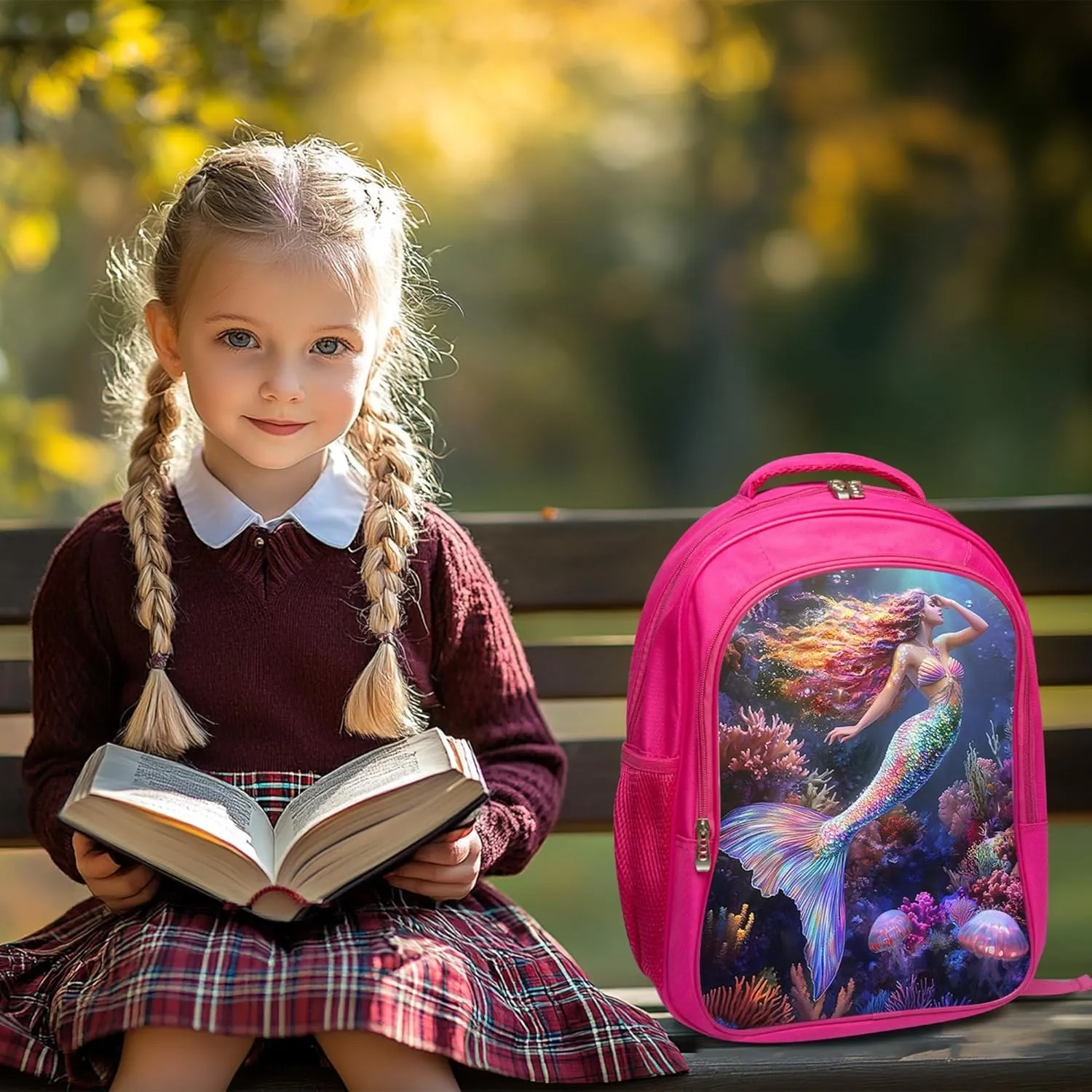 Mermaid Backpack 3 PCS Set for Girls Teens, Fantasy Ocean School Bag with Lunch Box Pencil Case, Lightweight Bookbag Perfect for Elementary Middle High School Students