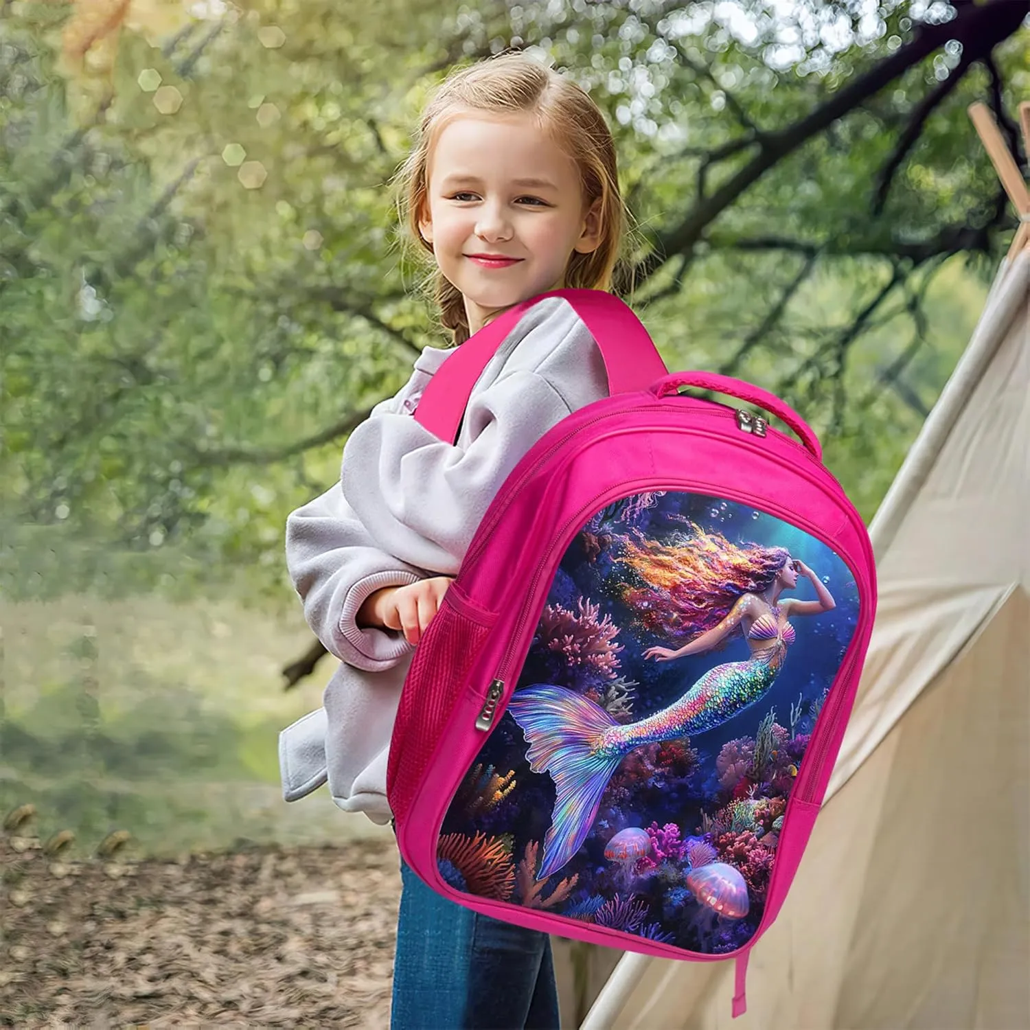 Mermaid Backpack 3 PCS Set for Girls Teens, Fantasy Ocean School Bag with Lunch Box Pencil Case, Lightweight Bookbag Perfect for Elementary Middle High School Students