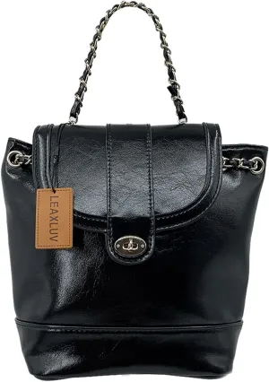 Mini Backpack Handbag for Women, Fashionable Vegan Leather Shoulder Bag with Metallic Chain Strap Drawstring