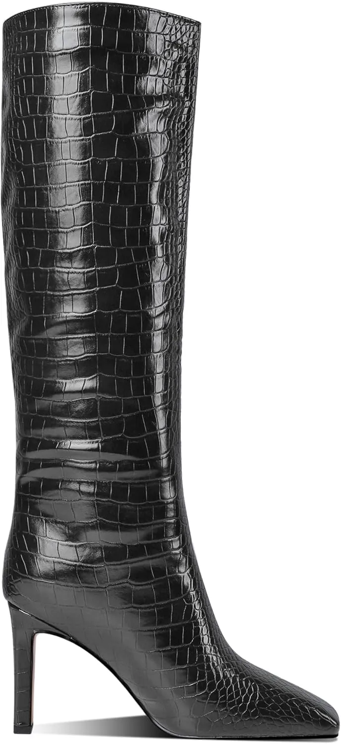 MODENCOCO Women's Crocodile Square Toe Slip On Animal Print Block High Heel Knee High Boots 3.5 Inch