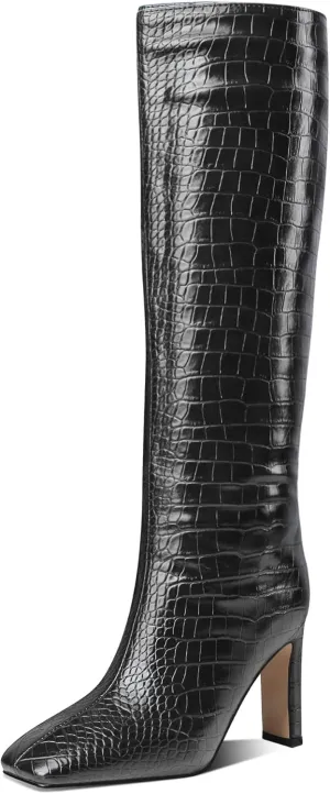 MODENCOCO Women's Crocodile Square Toe Slip On Animal Print Block High Heel Knee High Boots 3.5 Inch