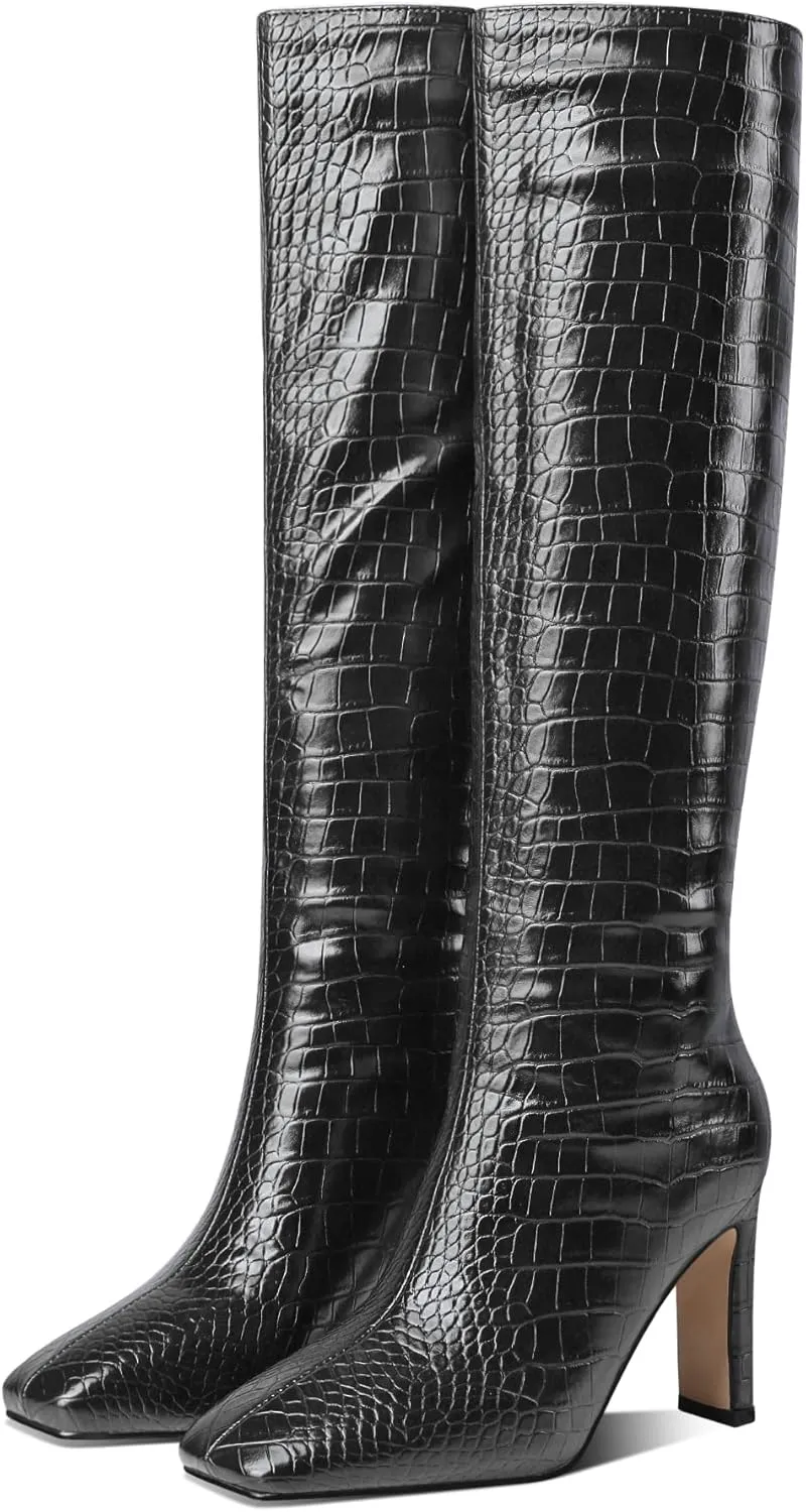 MODENCOCO Women's Crocodile Square Toe Slip On Animal Print Block High Heel Knee High Boots 3.5 Inch