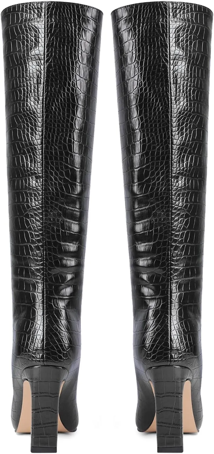 MODENCOCO Women's Crocodile Square Toe Slip On Animal Print Block High Heel Knee High Boots 3.5 Inch