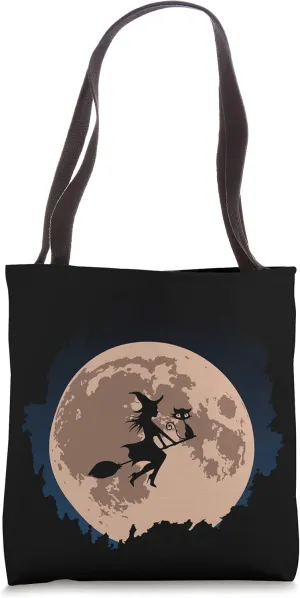 Moon Witch Vintage With A Witch, Cat And A Broom Tote Bag