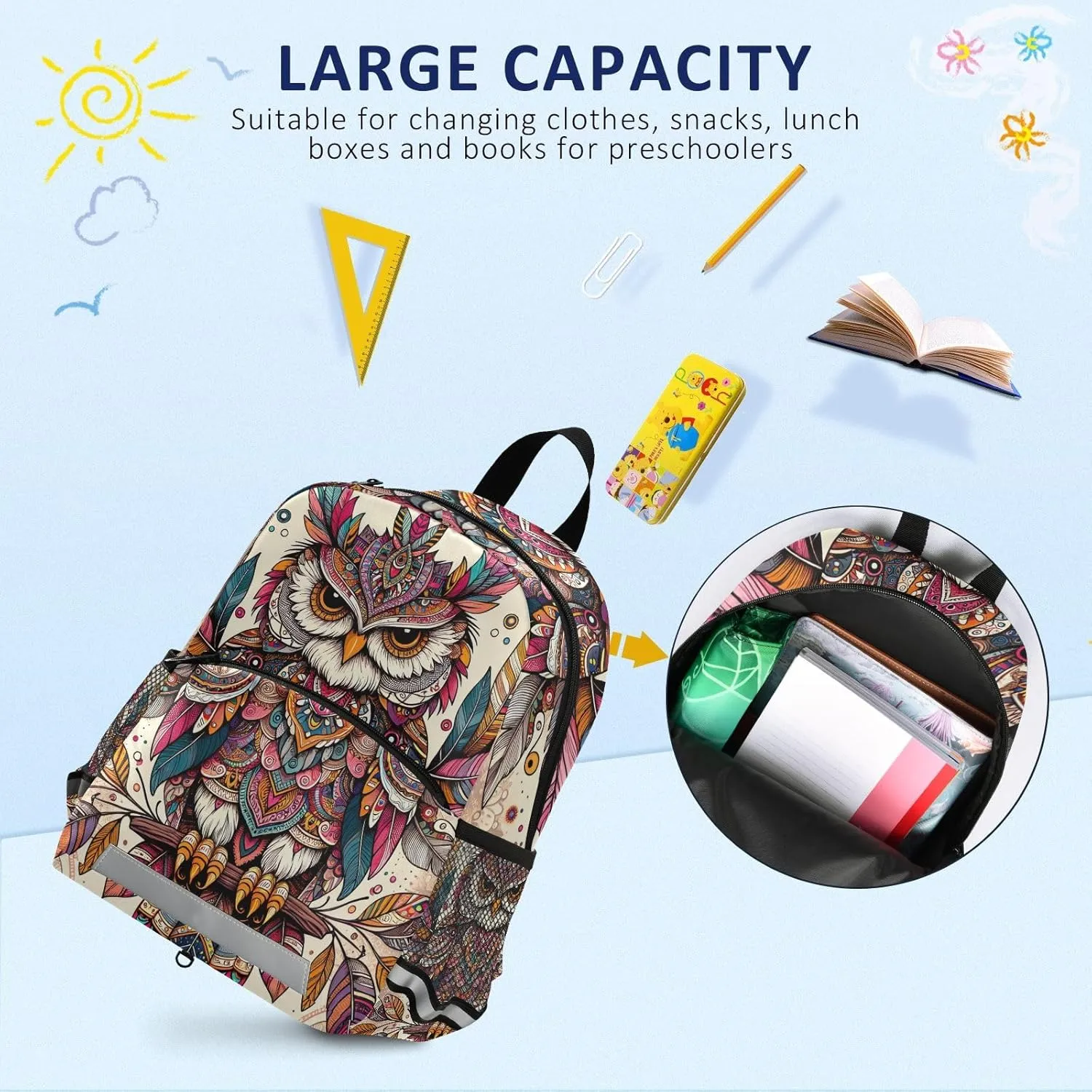 ODAWA Boho Owl Ornamental Ethnic Toddler Backpack for Boys Girls Kindergarten Preschool Kids Travel Bag