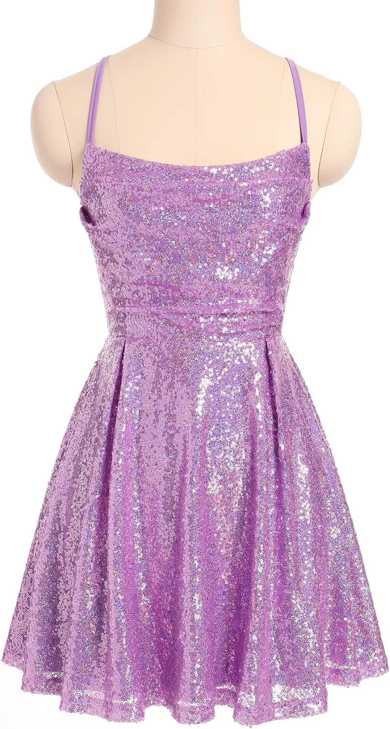 ODIZLI Women's Sexy Sparkle Sequins Glitters Tie Back Ruffle Mini Dress Homecoming Prom Dress