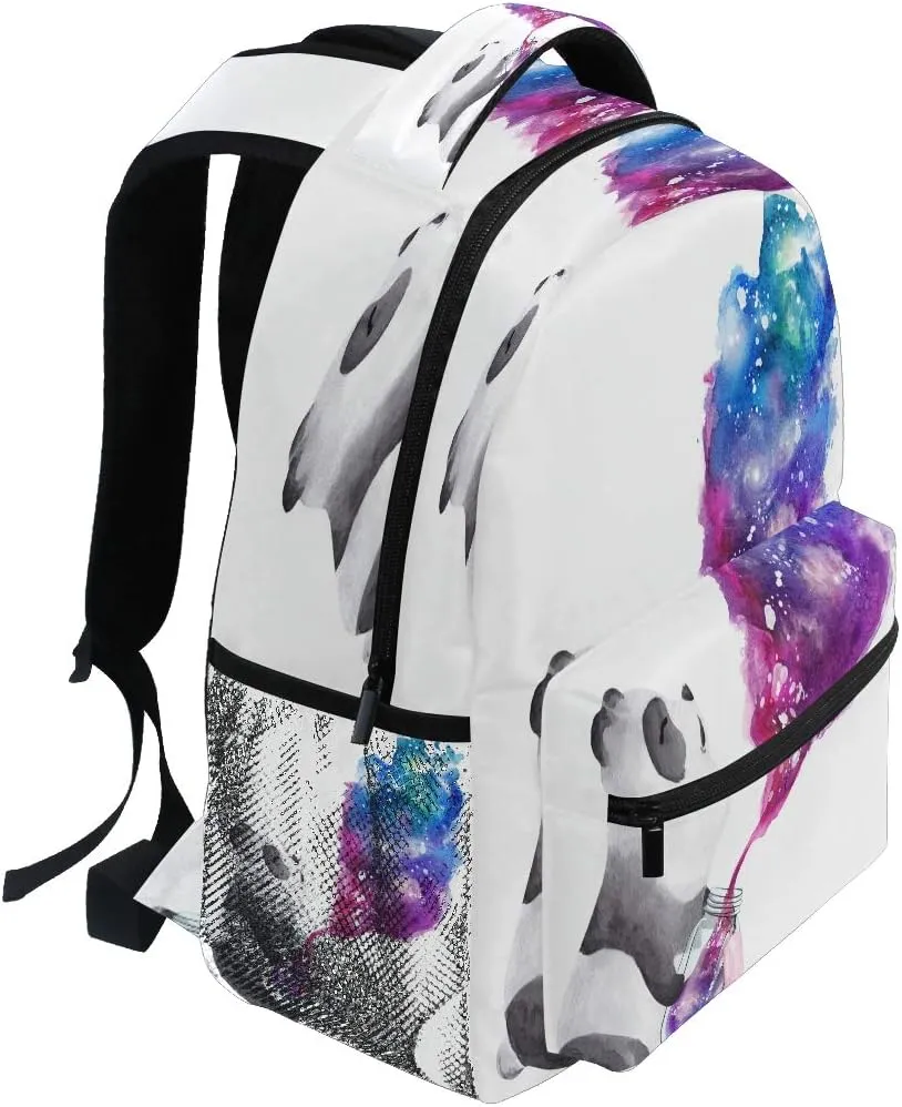 Panda Holding Galaxy Glass Jar Printing Computer Backpack - Lightweight School Bag for Girls, Boys, Teens