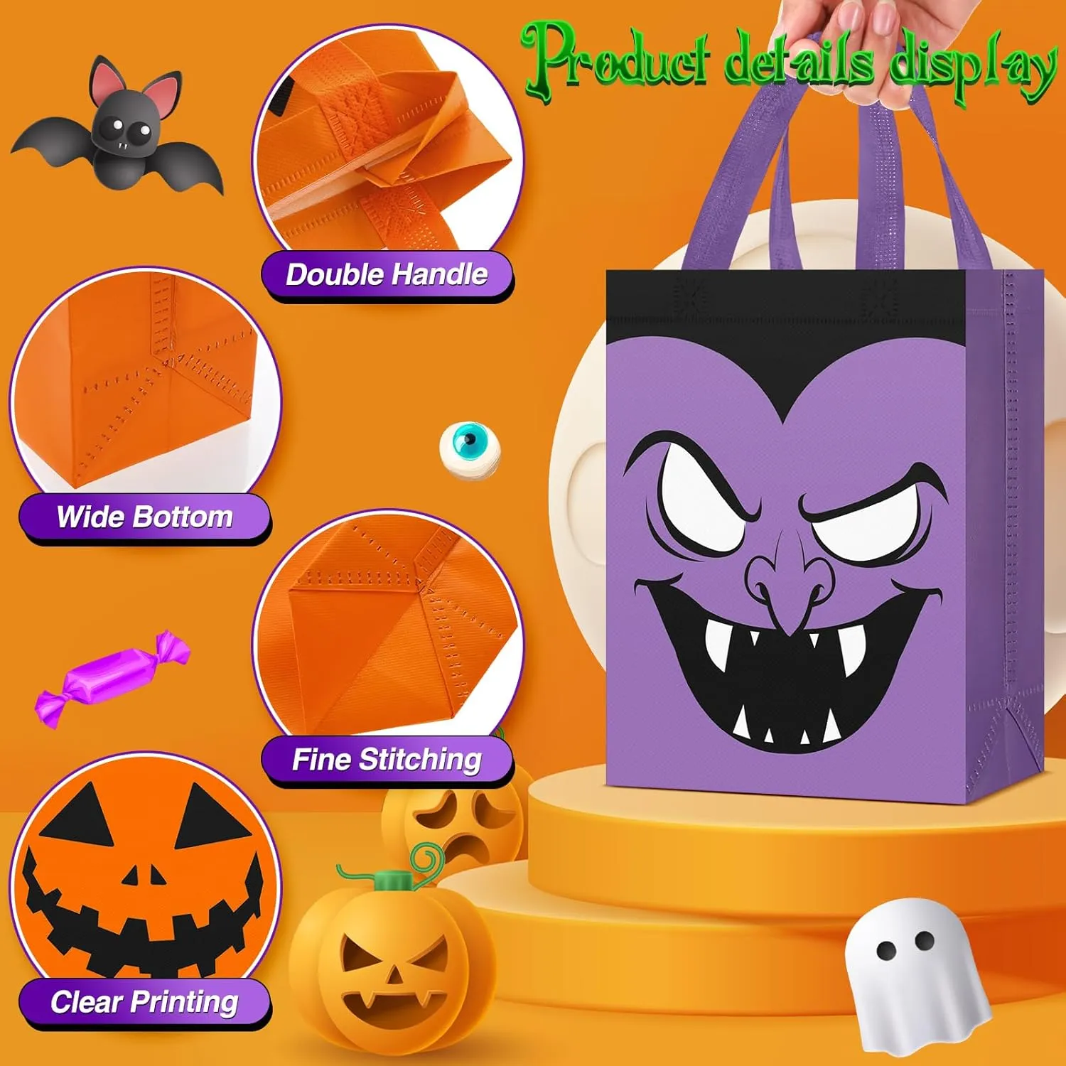 Paterr 18 Pcs Halloween Candy Bags Reusable Non Woven Treat Gift Bags Cat Ghost Mummy Vampire Zombie Pumpkin Tote with Handles Bulk for Halloween Party Kids Birthday