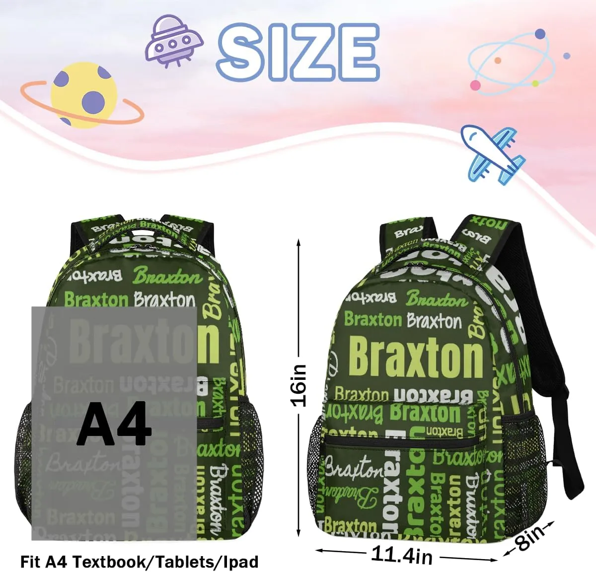 Personalized Backpacks with Name Large Customized Shoulder Bag Gifts for Women Men Waterproof Travel Casual Backpack 16in, Black Green