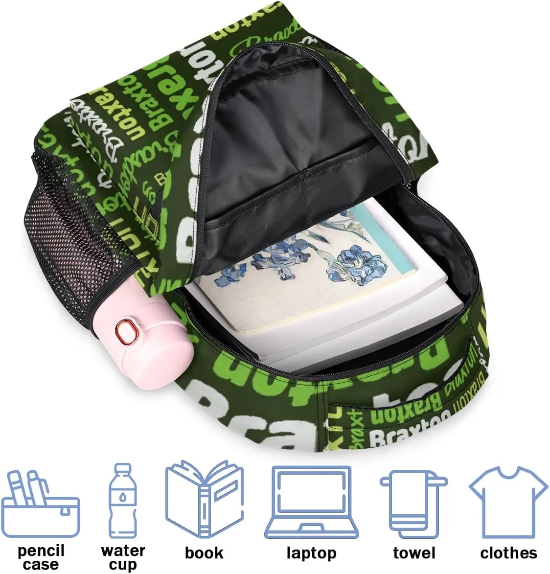 Personalized Backpacks with Name Large Customized Shoulder Bag Gifts for Women Men Waterproof Travel Casual Backpack 16in, Black Green