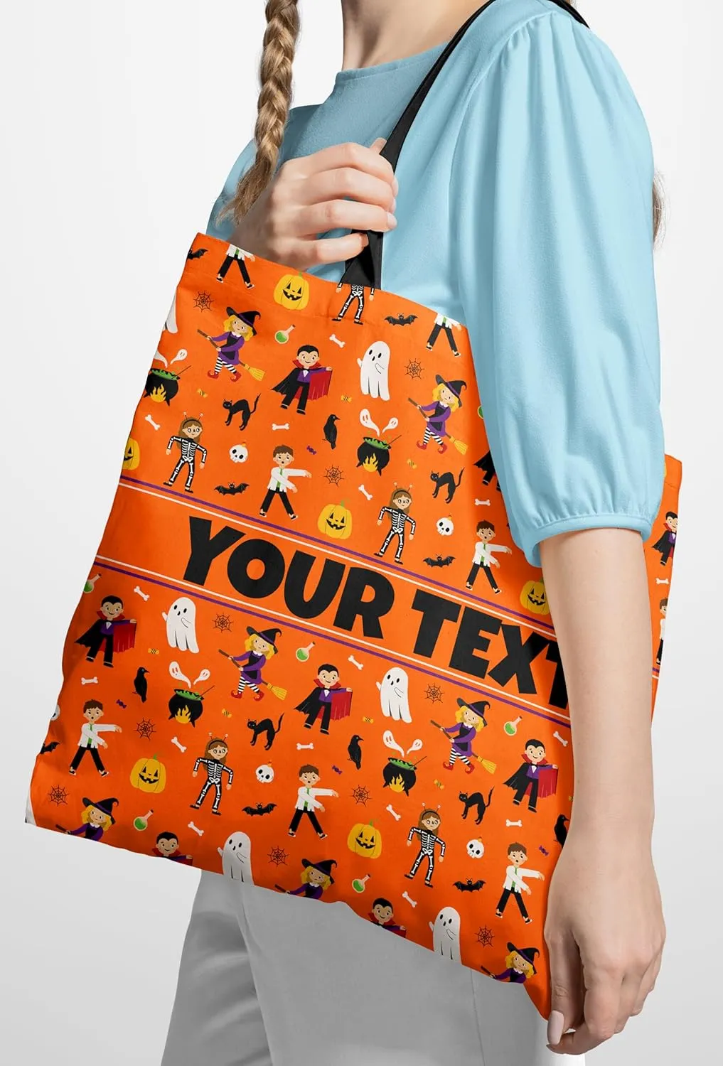 Personalized Halloween Tote Bag - 16”x16” Trick-or-Treat Reusable Bag with Custom Name/Monogram/Text - Durable Cloth Canvas, Perfect Customized Gift