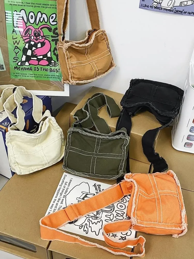 Pooyikoi Women Little Canvas Shoulder Bag Female Thick Cloth Small Messenger Bag Retro Vintage Crossbody Tote Bag