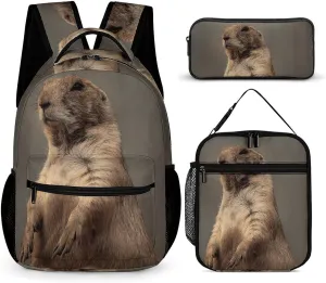 Prairie Dog 3 Pcs Backpacks Set Combination 16“ Travel Backpack Portable Lunch Bag Pencil Case for Unisex