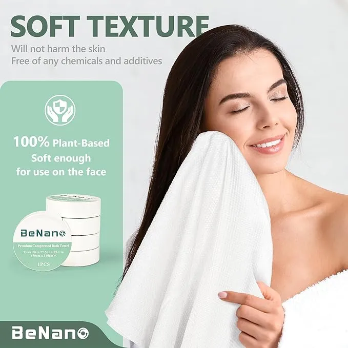 Premium Compressed Towel Tablets, 100% USDA Biobased Disposable Towel, 55.1 in x 27.5 in Large Bath Towel Travel Towel Reusable for Hotel Camping Sports Hiking Beach Swimming Vacation (5 Pack)