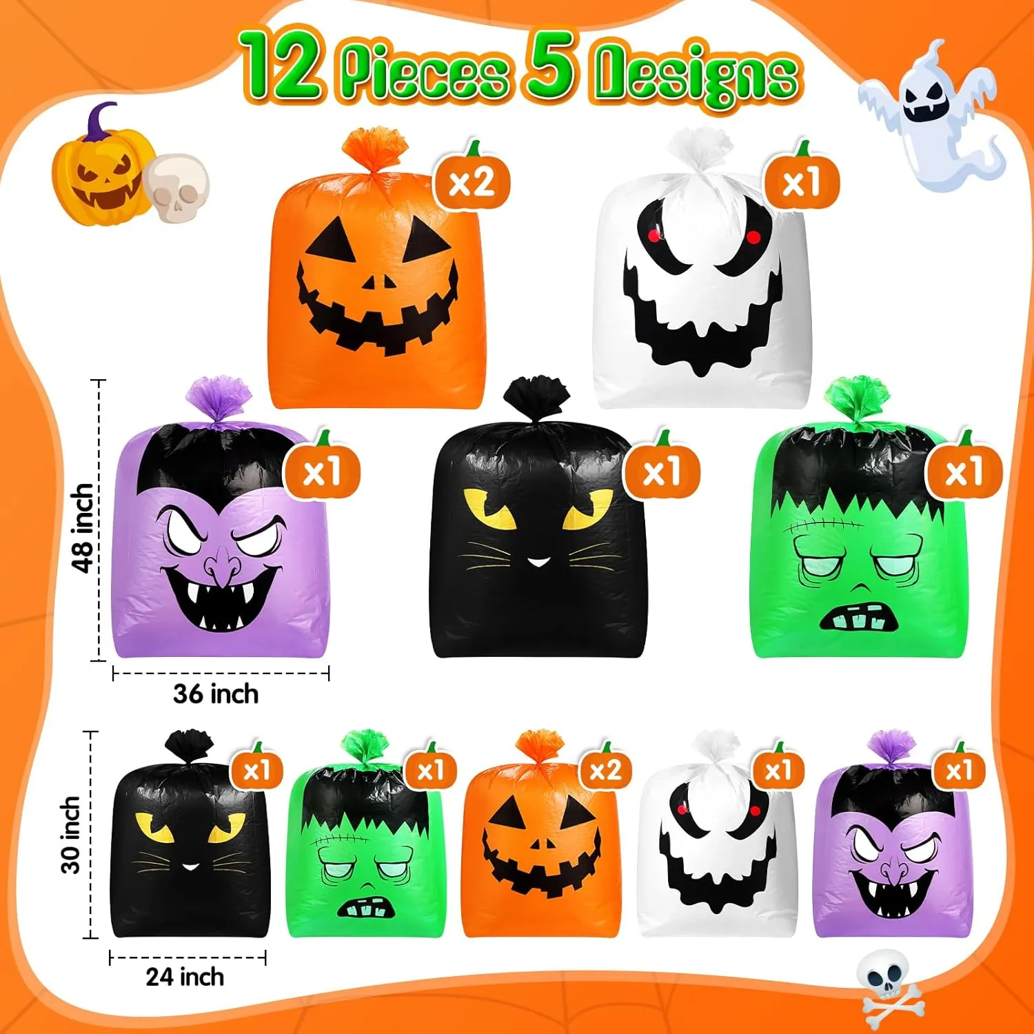Qilery 12 Pcs Halloween Pumpkin Leaf Bags Plastic Lawn Bags with Twist Ties Fall Yard Trash Bags Reusable Yard Waste Bags Halloween Goodie Bags for Halloween Garden Outdoor Party Favors Decorations