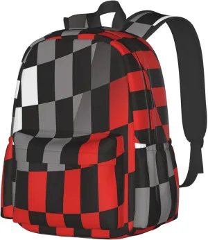 Racing Red Gray Checkered Flag Backpack Double Shoulder Bag 15 Inch Laptop Bagpacks for Hiking Work Camping Travel