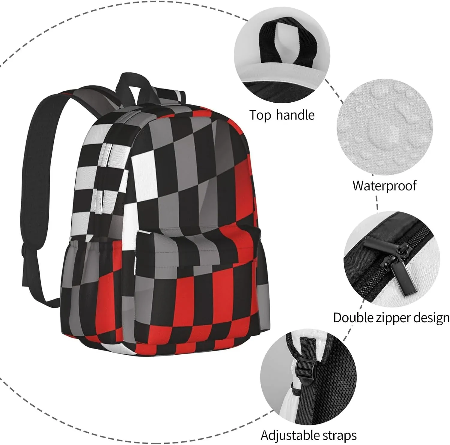 Racing Red Gray Checkered Flag Backpack Double Shoulder Bag 15 Inch Laptop Bagpacks for Hiking Work Camping Travel