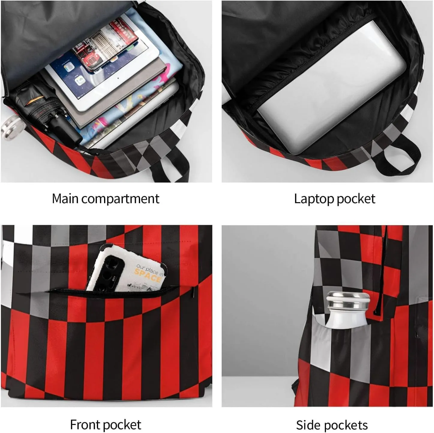 Racing Red Gray Checkered Flag Backpack Double Shoulder Bag 15 Inch Laptop Bagpacks for Hiking Work Camping Travel