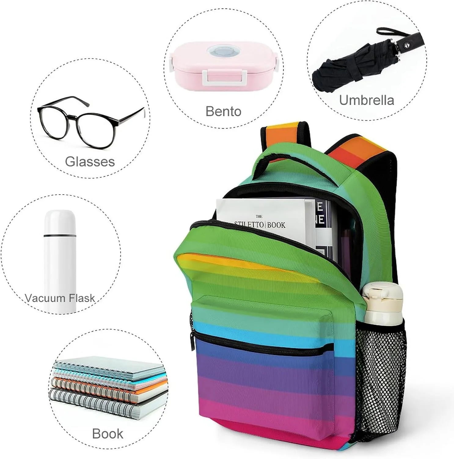 Rainbow Stripe Cartoon Backpack Colorful Large computer Bags with Chest Strap,Lightweight Casual Daypack for Women Men Hiking Travel Work and Business 16 Inch