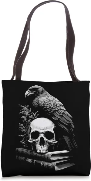 Raven Bird, Skull And Books Witchy Occult Academia Symbolism Tote Bag