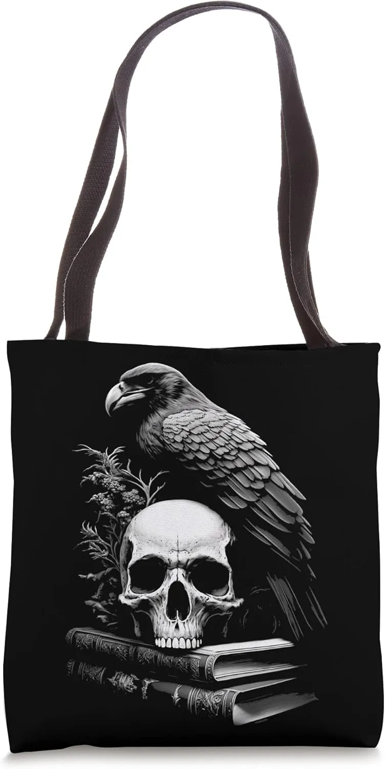 Raven Bird, Skull And Books Witchy Occult Academia Symbolism Tote Bag