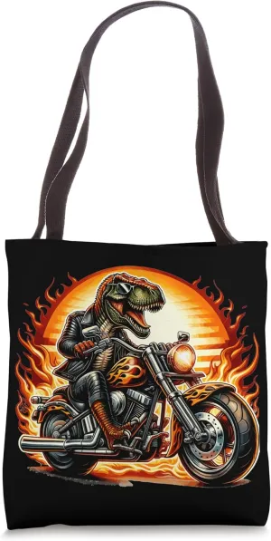 Rebel Dinosaur - T-Rex Biker Flaming Sunset Emblem Graphic Tote Bag