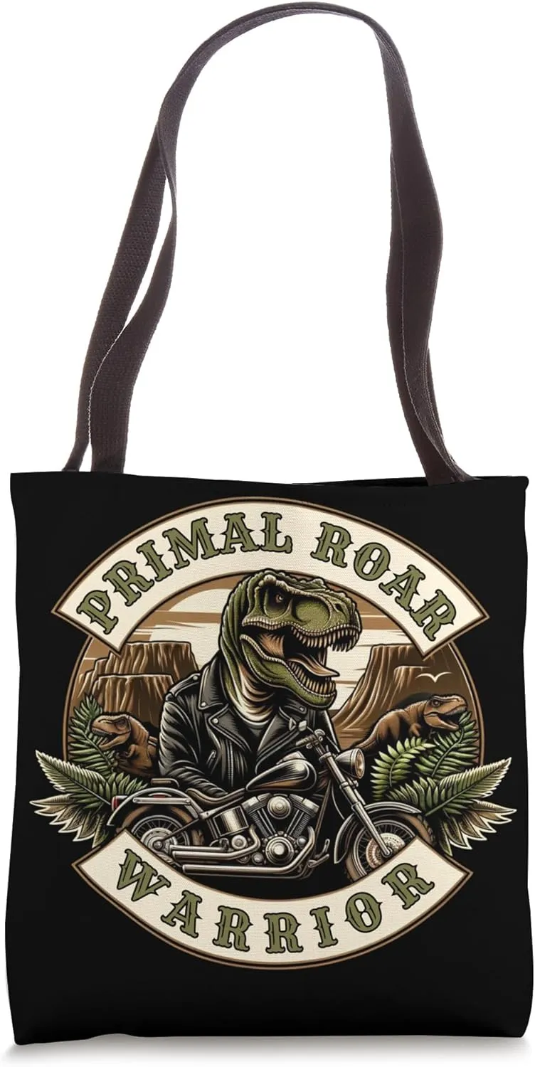 Rebel Dinosaur - T-Rex Biker Primal Warrior Emblem Graphic Tote Bag