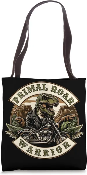 Rebel Dinosaur - T-Rex Biker Primal Warrior Emblem Graphic Tote Bag