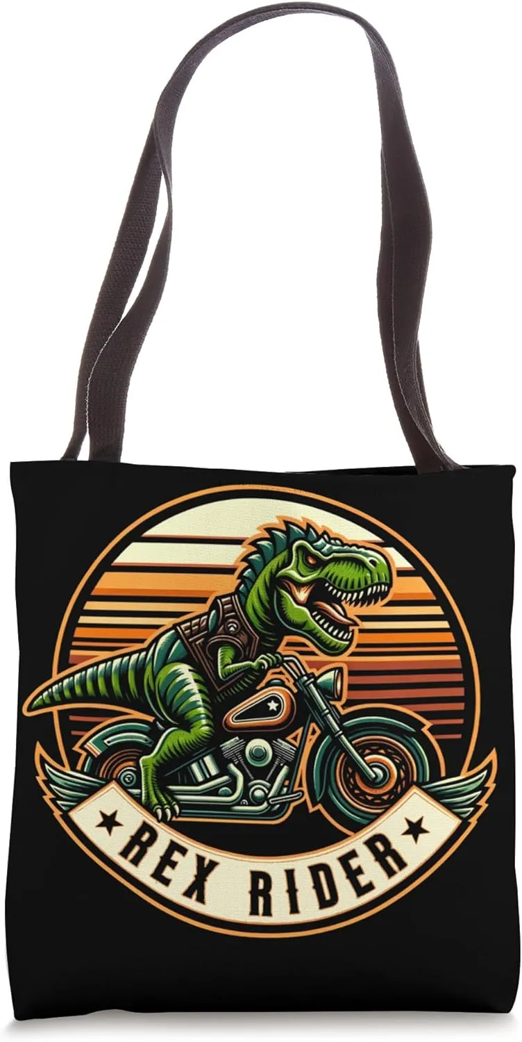 Rex Rider Rebel Dinosaur - T-Rex Biker Emblem Graphic Tote Bag