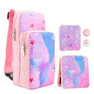 RHOTALL Pink Travel Bag for Nintendo Switch/Lite/OLED,Large Capacity Portable Carrying Case Compatible for Chest Shoulder Accessories Storage Backpack with12 Slots Game Case,Thumb Grip Caps-fish
