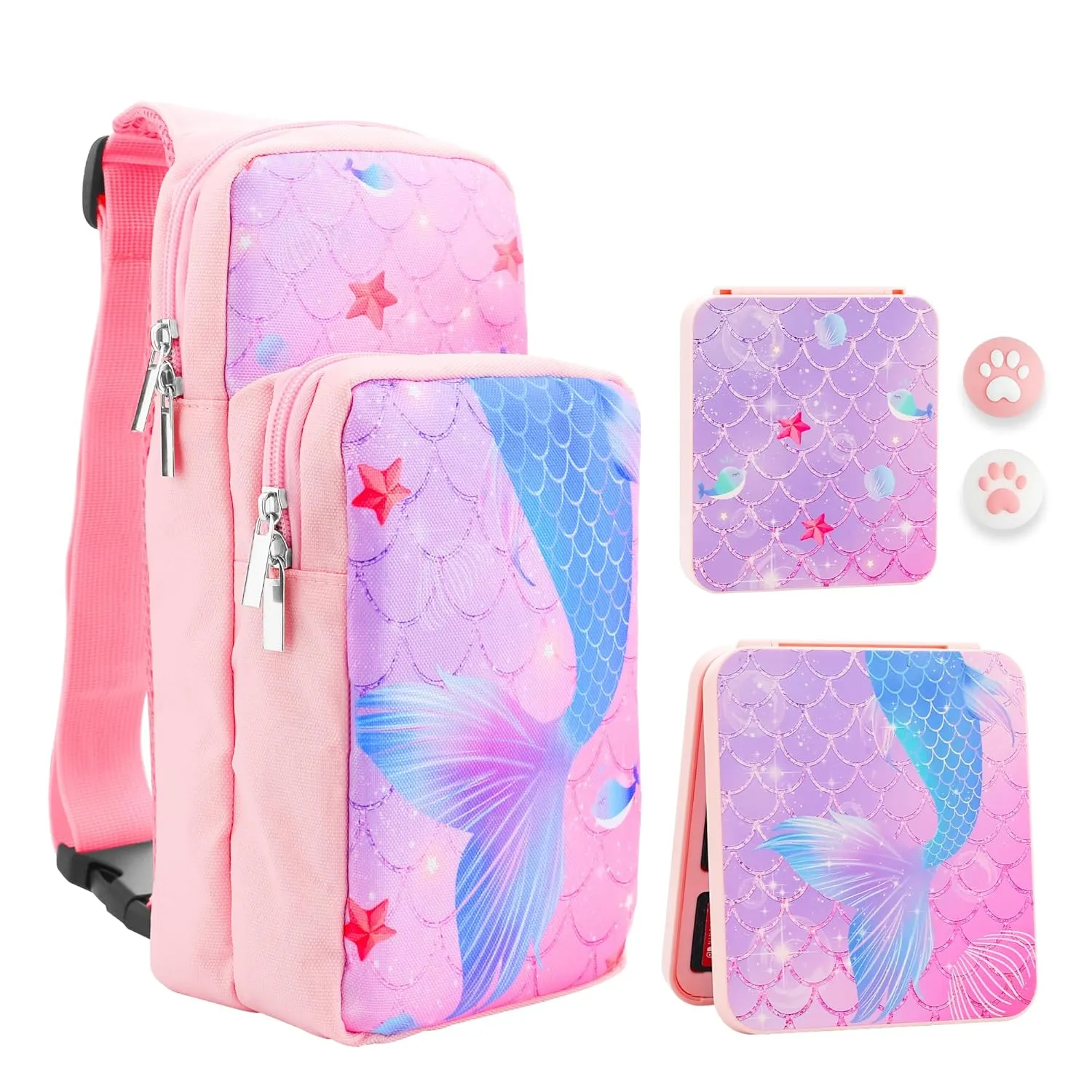 RHOTALL Pink Travel Bag for Nintendo Switch/Lite/OLED,Large Capacity Portable Carrying Case Compatible for Chest Shoulder Accessories Storage Backpack with12 Slots Game Case,Thumb Grip Caps-fish