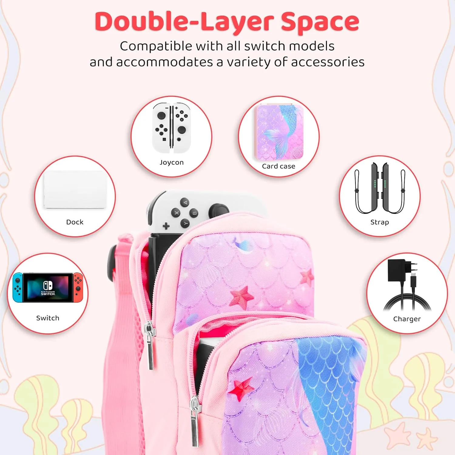 RHOTALL Pink Travel Bag for Nintendo Switch/Lite/OLED,Large Capacity Portable Carrying Case Compatible for Chest Shoulder Accessories Storage Backpack with12 Slots Game Case,Thumb Grip Caps-fish