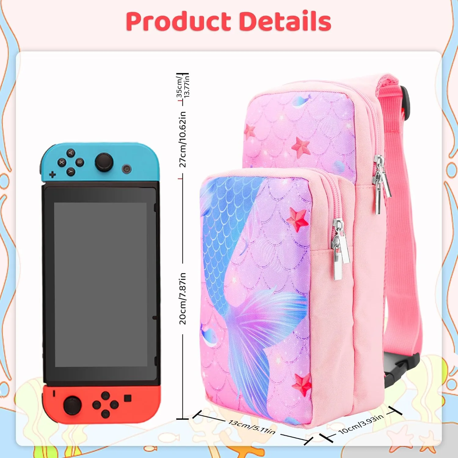 RHOTALL Pink Travel Bag for Nintendo Switch/Lite/OLED,Large Capacity Portable Carrying Case Compatible for Chest Shoulder Accessories Storage Backpack with12 Slots Game Case,Thumb Grip Caps-fish