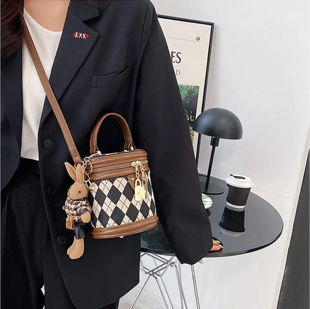RTGGSEL Quilted Lattice Crossbody Shoulder Bags for Women Small Tote Square Satchel Handbags Purse with Bunny Doll Pendant