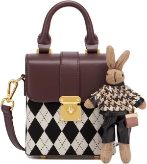 RTGGSEL Quilted Lattice Crossbody Shoulder Bags for Women Small Tote Square Satchel Handbags Purse with Bunny Doll Pendant