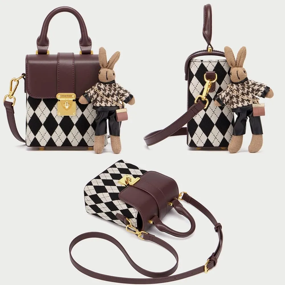 RTGGSEL Quilted Lattice Crossbody Shoulder Bags for Women Small Tote Square Satchel Handbags Purse with Bunny Doll Pendant