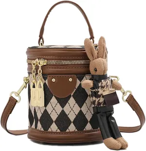 RTGGSEL Quilted Lattice Crossbody Shoulder Bags for Women Small Tote Square Satchel Handbags Purse with Bunny Doll Pendant