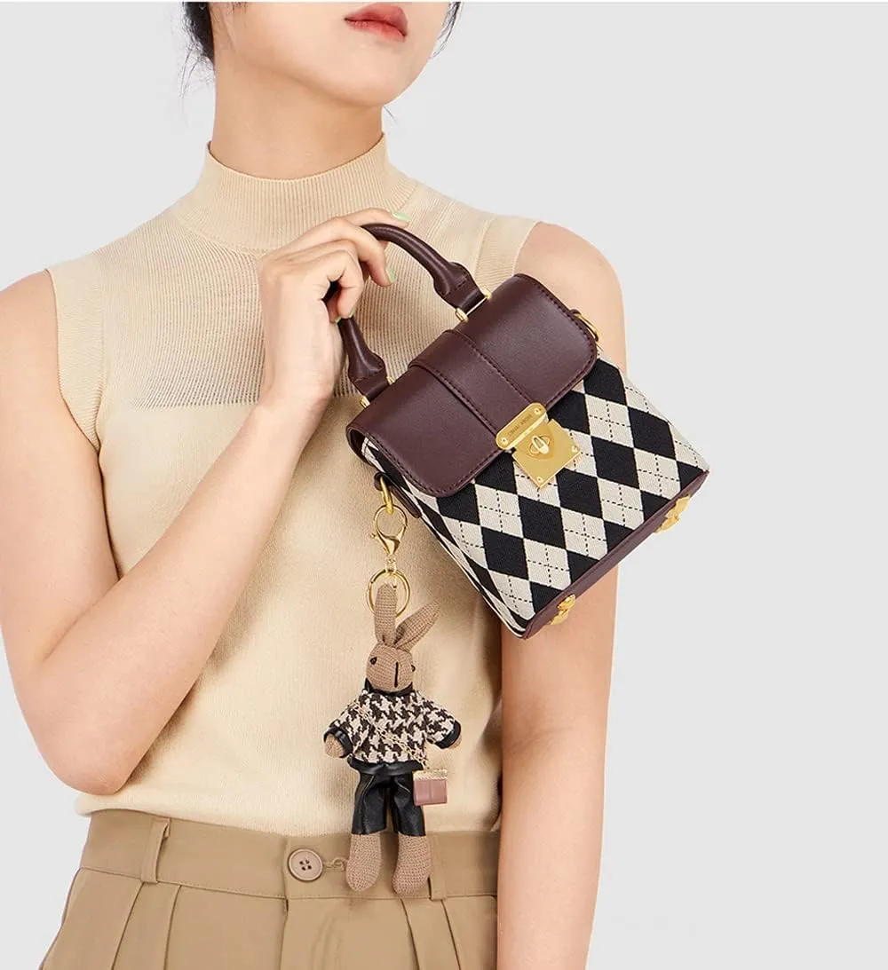 RTGGSEL Quilted Lattice Crossbody Shoulder Bags for Women Small Tote Square Satchel Handbags Purse with Bunny Doll Pendant