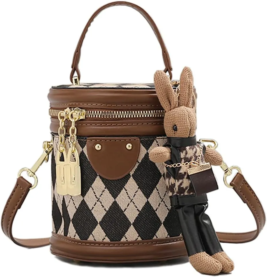 RTGGSEL Quilted Lattice Crossbody Shoulder Bags for Women Small Tote Square Satchel Handbags Purse with Bunny Doll Pendant