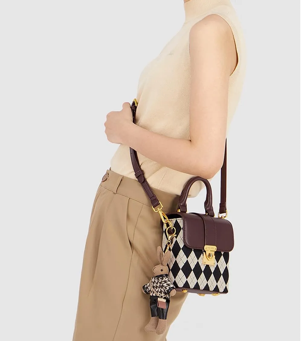 RTGGSEL Quilted Lattice Crossbody Shoulder Bags for Women Small Tote Square Satchel Handbags Purse with Bunny Doll Pendant
