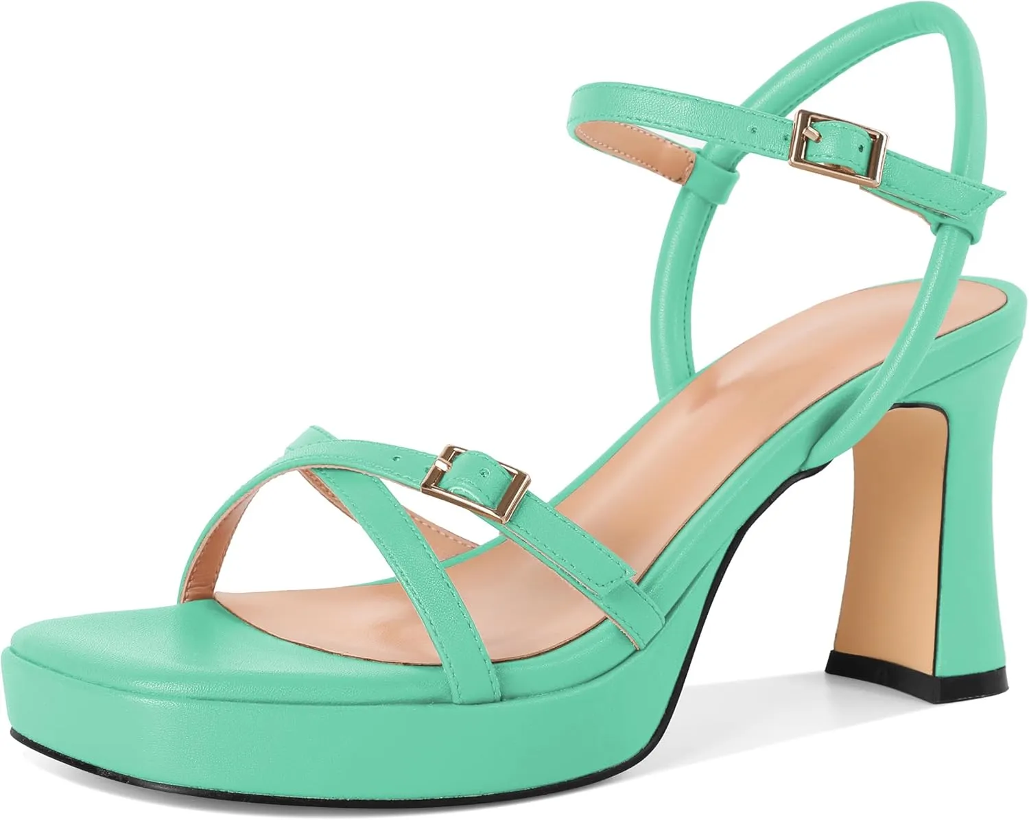 SAMMITOP Platform Heels for Women High Block Chunky Heeled Sandals Open Square Toe Cross Strappy Heels Fashion Wedding Party Dress Shoes 3.5 Inch