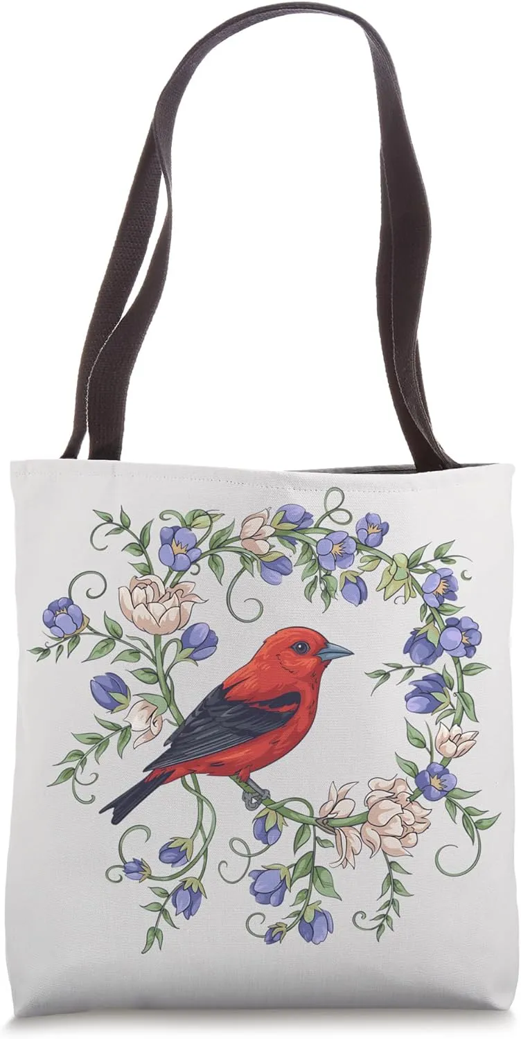 Scarlet Tanager with Purple Flowers Bold Songbird Art Tote Bag
