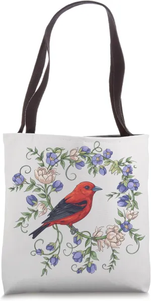 Scarlet Tanager with Purple Flowers Bold Songbird Art Tote Bag